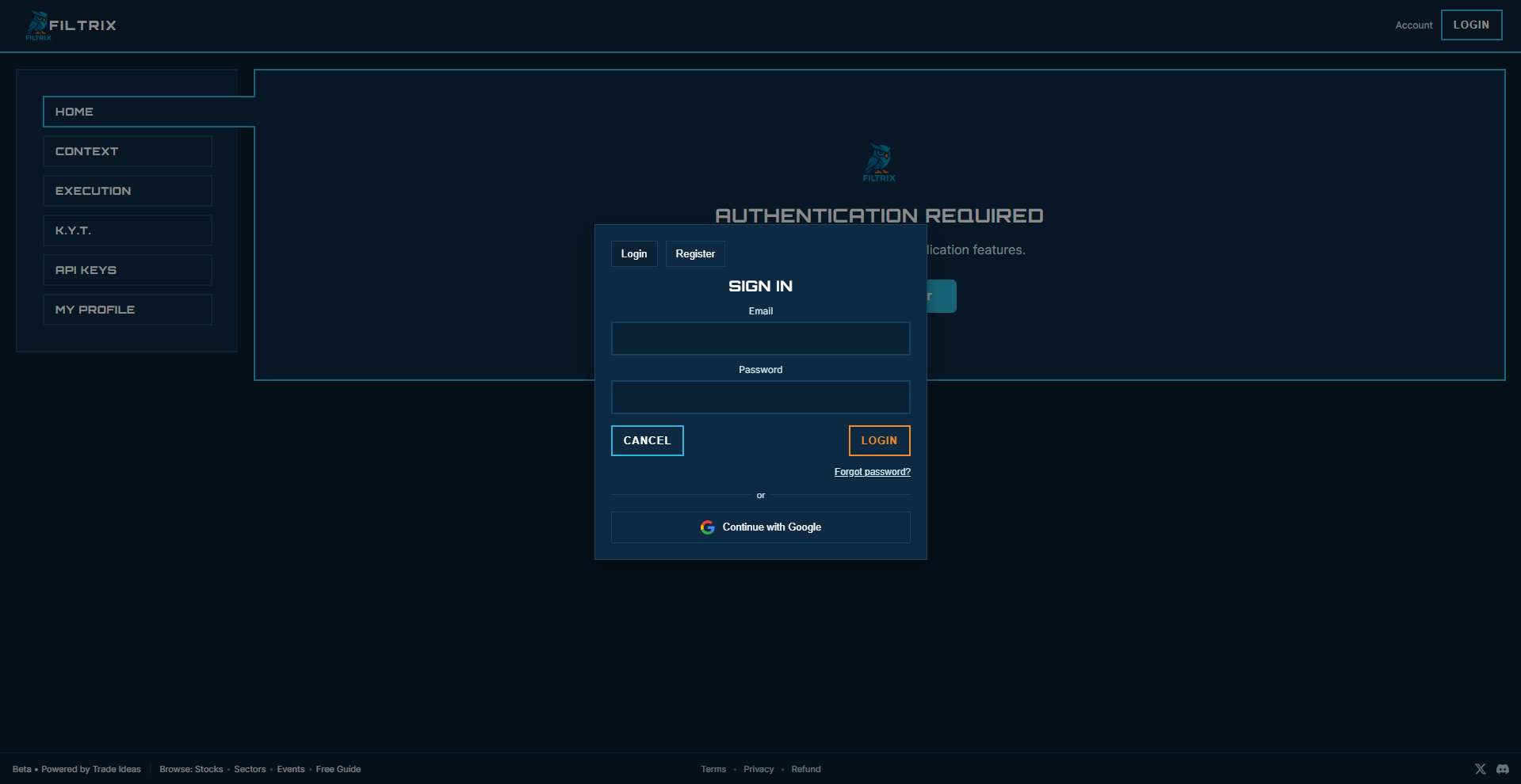 login/register screen before entering FILTRIX.