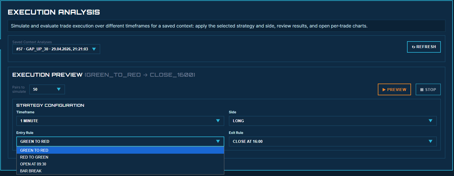 strategy selector with entry and exit settings.